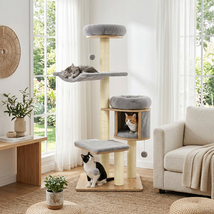 Arbre à chat en bois de caoutchouc massif avec condo, hamac, poteaux à gratter, gris