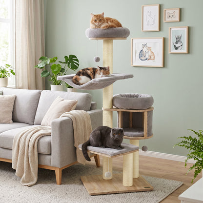 Arbre à chat en bois de caoutchouc massif avec condo, hamac, poteaux à gratter, gris