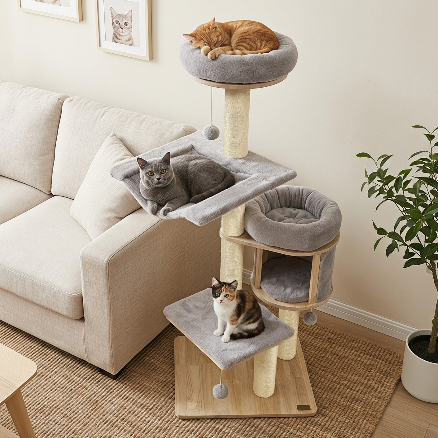 Arbre à chat en bois de caoutchouc massif avec condo, hamac, poteaux à gratter, gris