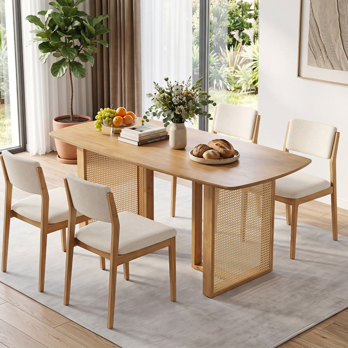 55" Solid Rubber Wood Dining Table Set For 4, Natural