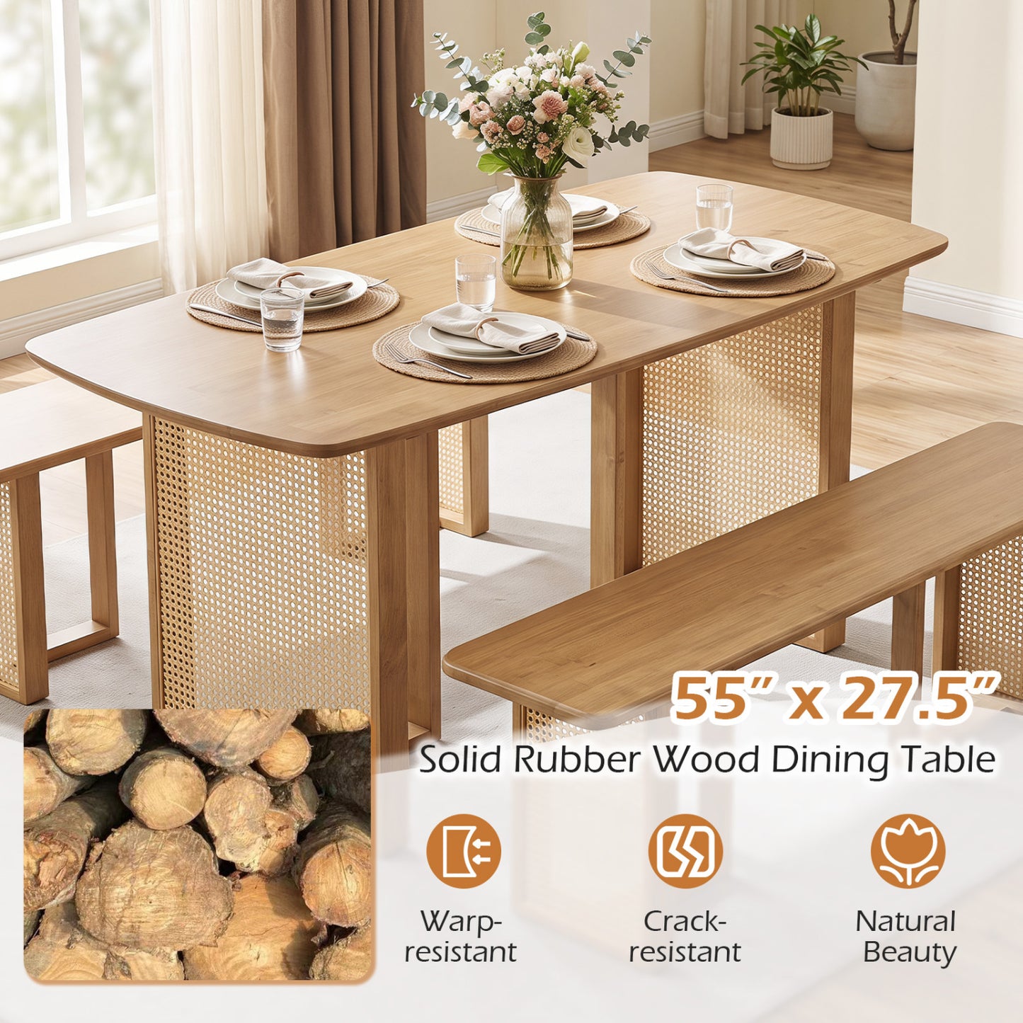 55" Solid Rubber Wood Dining Table Set For 4, Natural