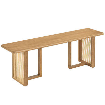 55" Solid Rubber Wood Dining Bench, Rattan Legs, Natural