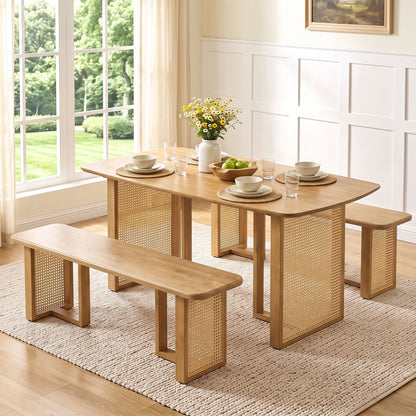 55" Solid Rubber Wood Dining Bench, Rattan Legs, Natural