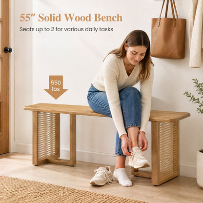 55" Solid Rubber Wood Dining Bench, Rattan Legs, Natural