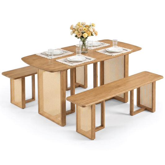 55" Solid Rubber Wood Dining Table Set, 2 Benches, Natural Dining Room Sets Natural at Gallery Canada