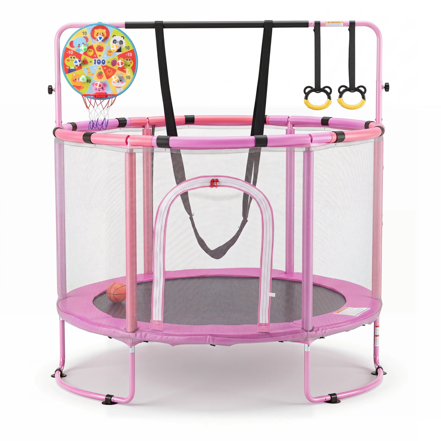 55" Trampoline for Kids with Adjustable Gymnastics Bar and Basketball Hoop for 3+, Purple Trampolines Purple at Gallery Canada