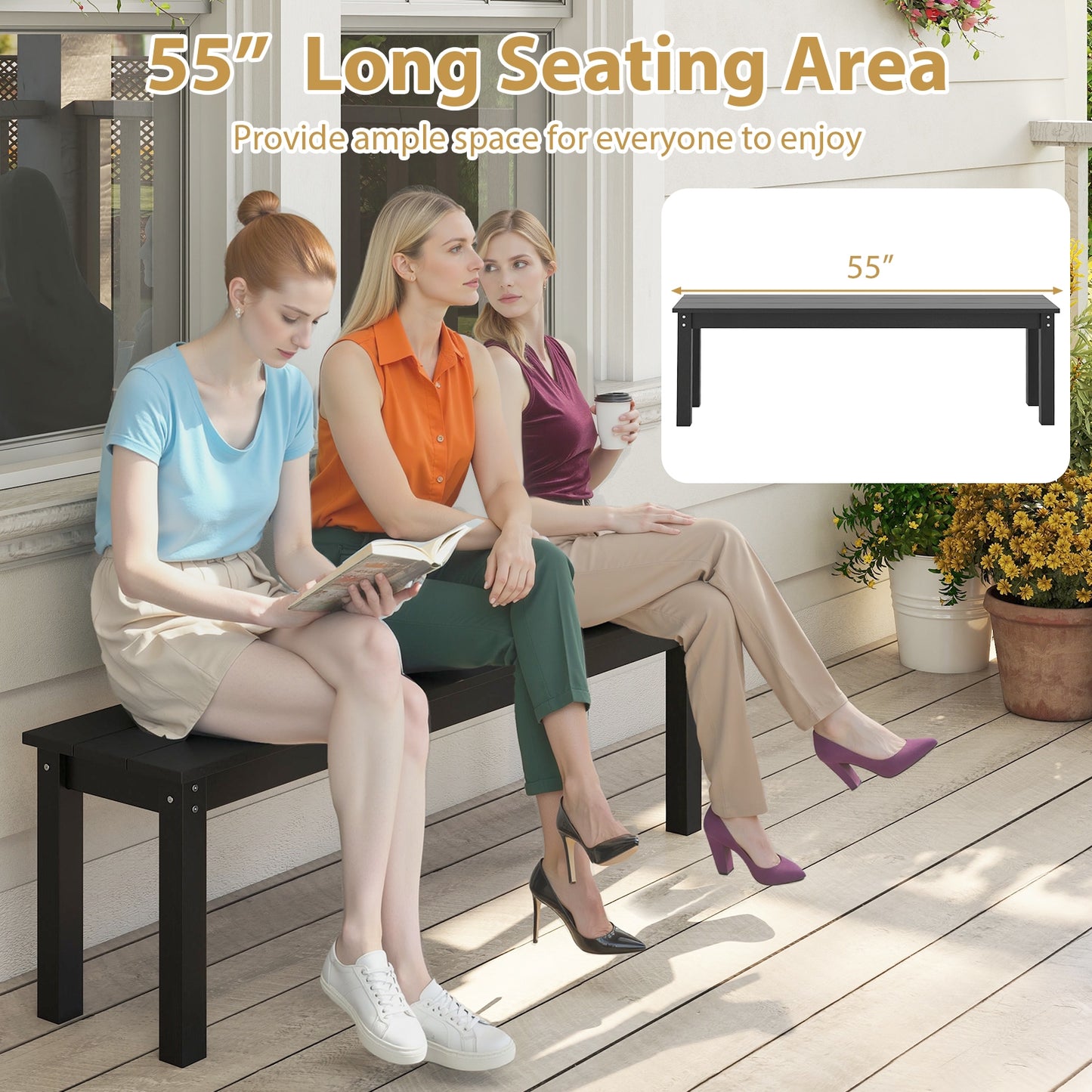 55" HDPE Outdoor Bench 2-3 People Weatherproof Backless Patio Garden Bench, Black Outdoor Benches at Gallery Canada