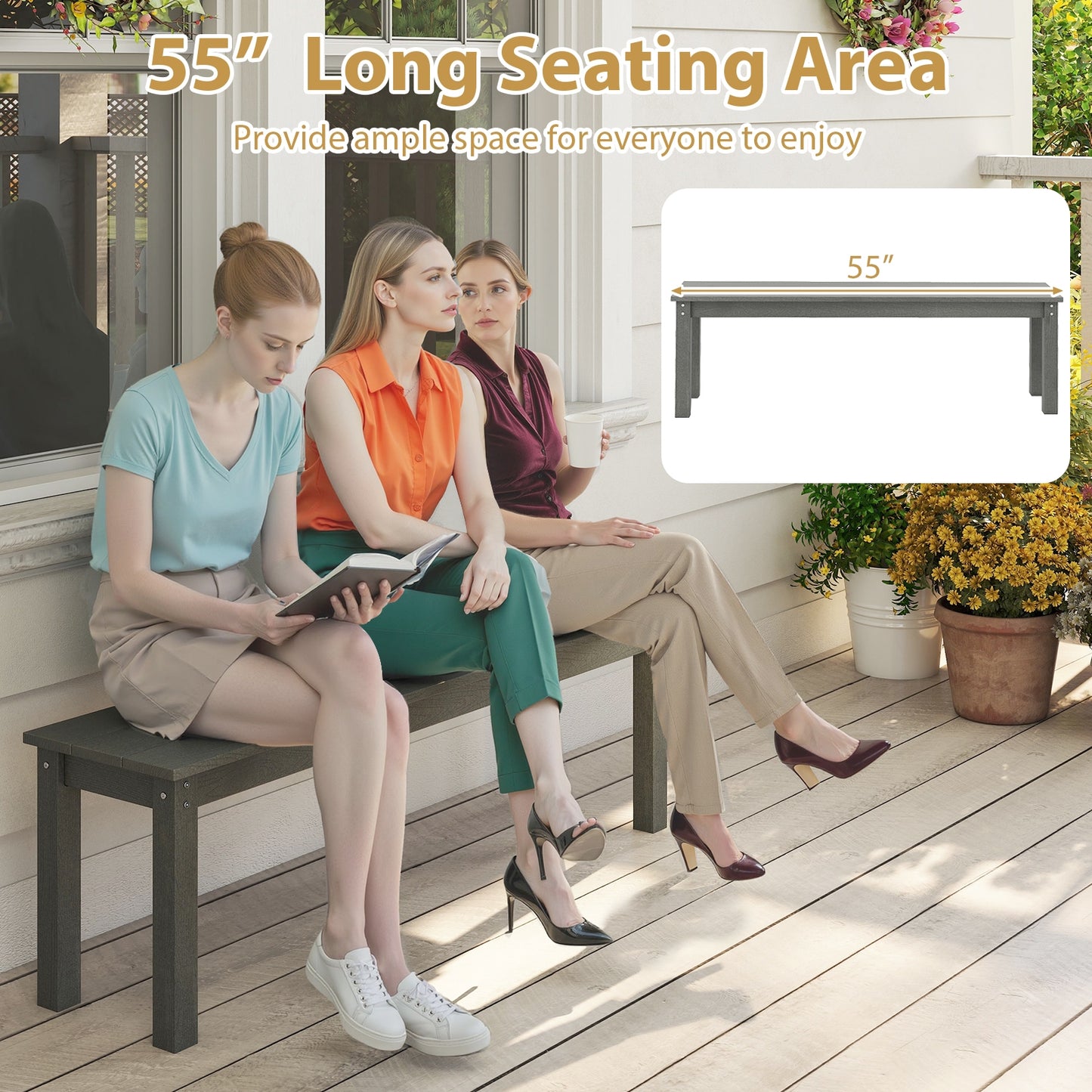 55" HDPE Outdoor Bench 2-3 People Weatherproof Backless Patio Garden Bench, Gray Outdoor Benches at Gallery Canada