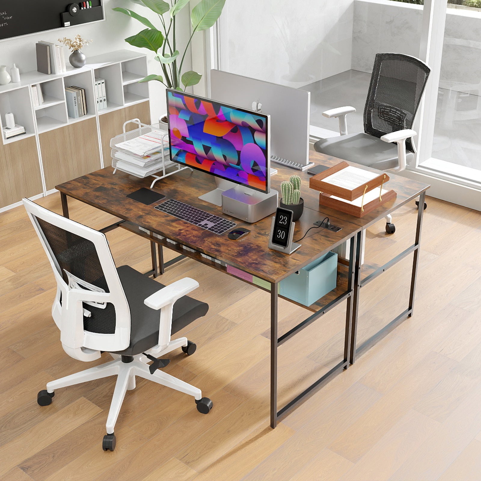 55 x 24 inch Computer Desk with Power Outlets and USB Ports, Rustic Brown Computer Desks at Gallery Canada