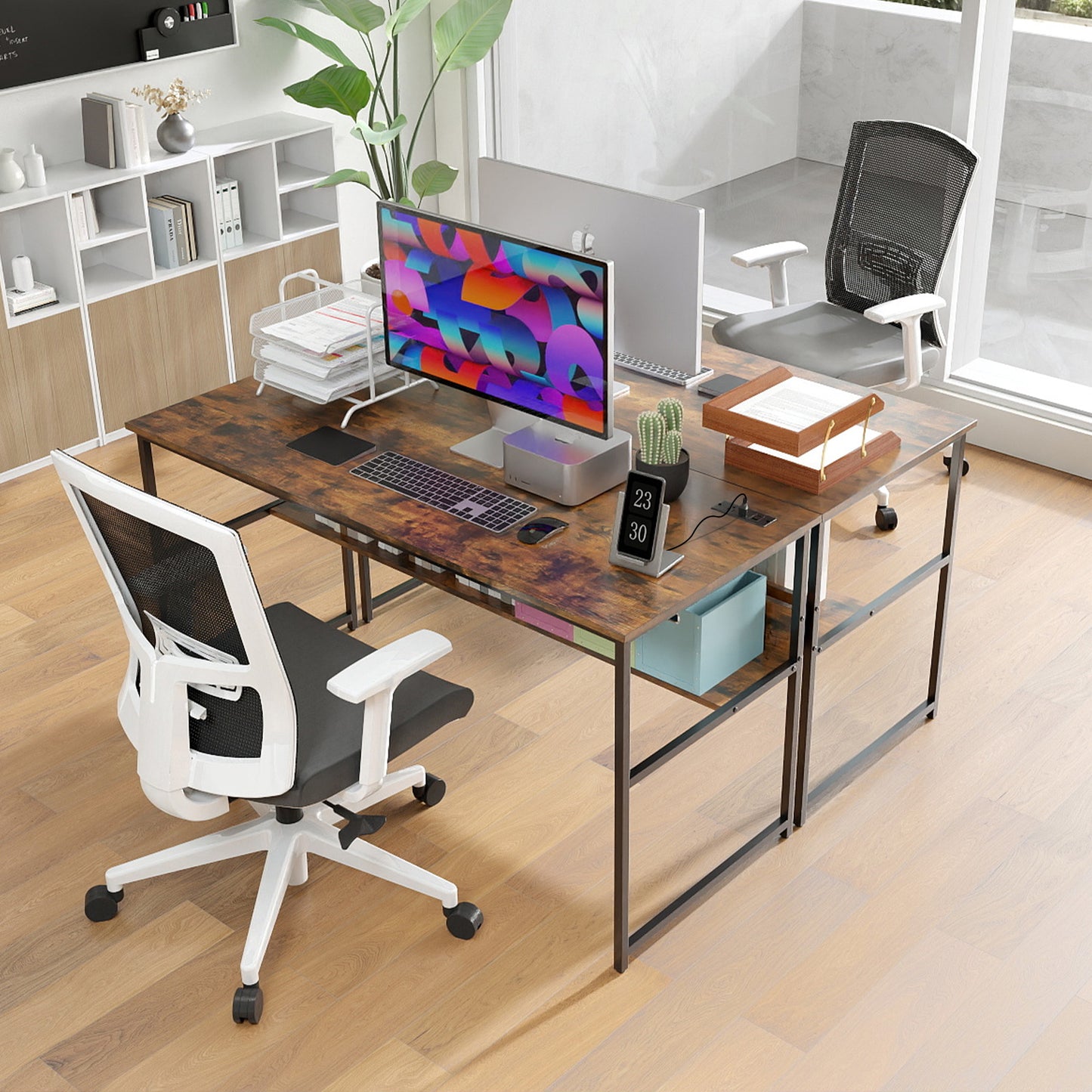 55 x 24 inch Computer Desk with Power Outlets and USB Ports, Rustic Brown Computer Desks at Gallery Canada