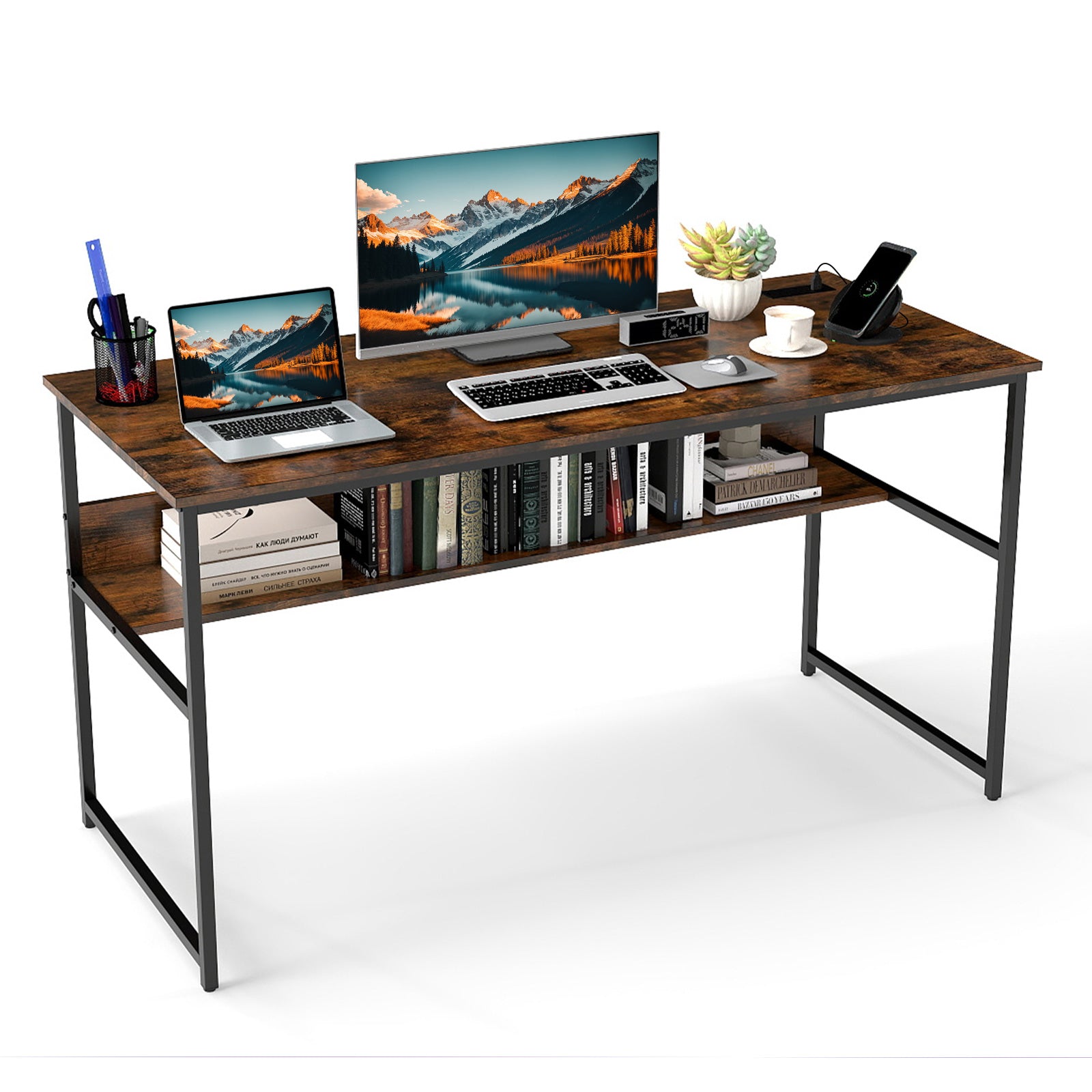 55 x 24 inch Computer Desk with Power Outlets and USB Ports, Rustic Brown Computer Desks Rustic Brown at Gallery Canada