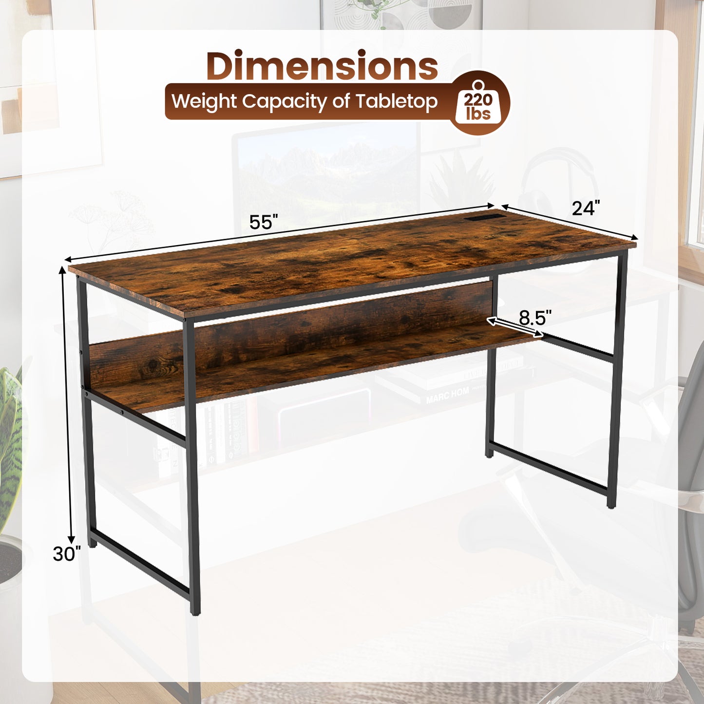 55 x 24 inch Computer Desk with Power Outlets and USB Ports, Rustic Brown Computer Desks at Gallery Canada