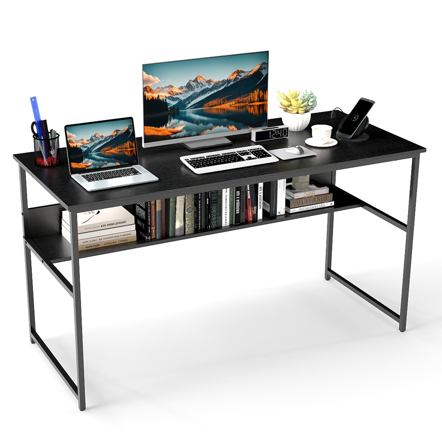 55 x 24 Inch Computer Desk With Power Outlets, USB Ports, Black Computer Desks at Gallery Canada
