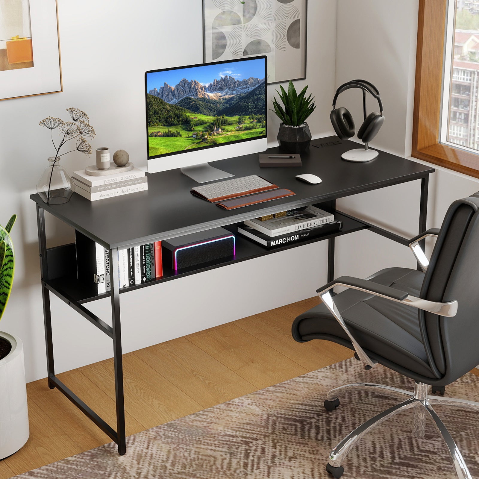55 x 24 Inch Computer Desk With Power Outlets, USB Ports, Black Computer Desks at Gallery Canada