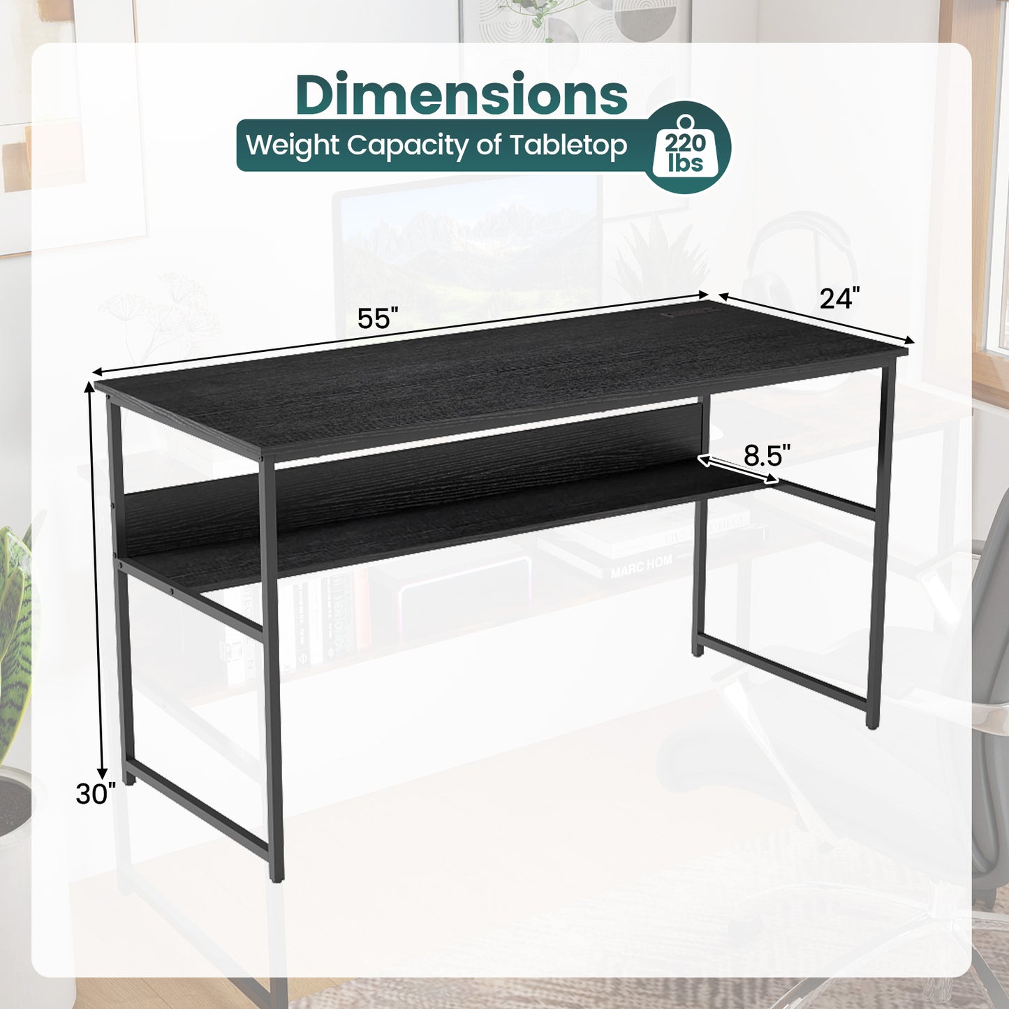 55 x 24 Inch Computer Desk With Power Outlets, USB Ports, Black Computer Desks at Gallery Canada