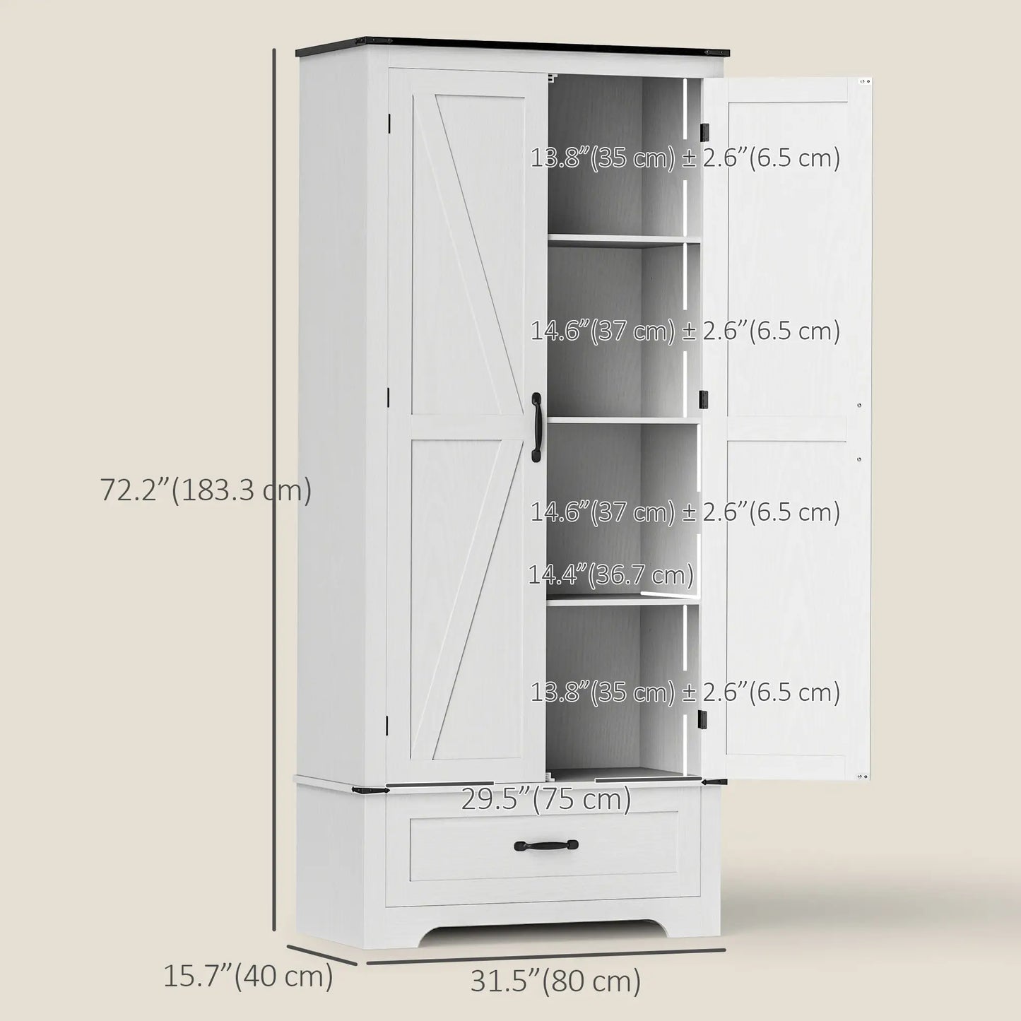 72" Farmhouse Pantry Cabinet, Adjustable Shelves, 2 Doors, White Wood Grain, White Kitchen Pantry Cabinets at Gallery Canada