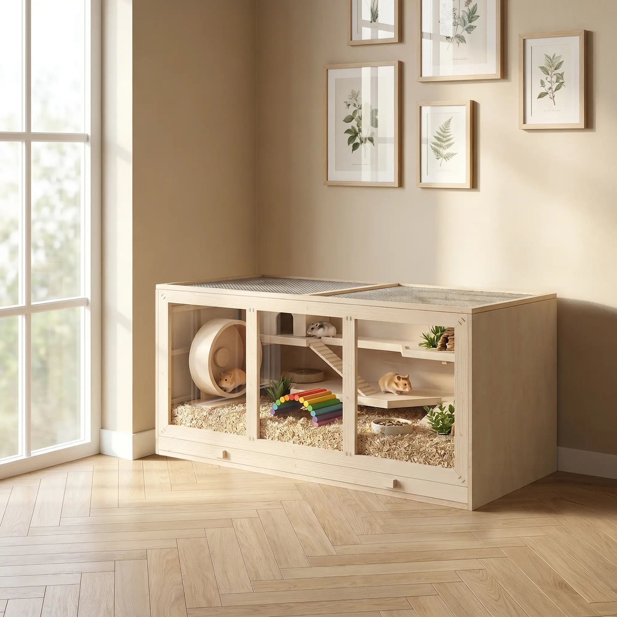 Wooden Hamster Cage with Slide, Tray, Natural Wood Hamster Cages at Gallery Canada