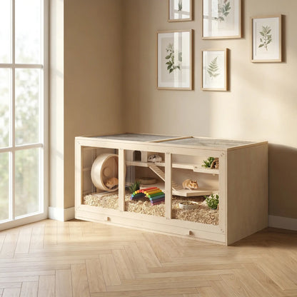 Wooden Hamster Cage with Slide, Tray, Natural Wood Hamster Cages at Gallery Canada