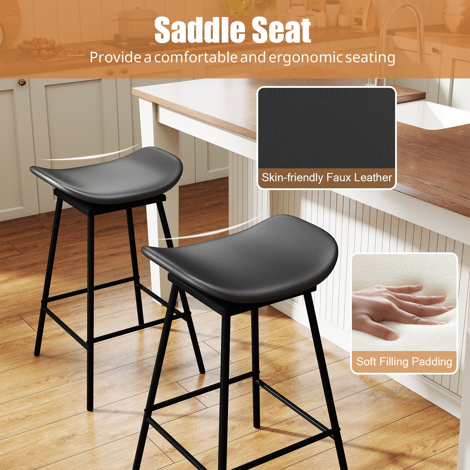 Set of 2 Swivel Barstools Faux Leather Upholstered Backless with Footrest, Black Bar Stools at Gallery Canada
