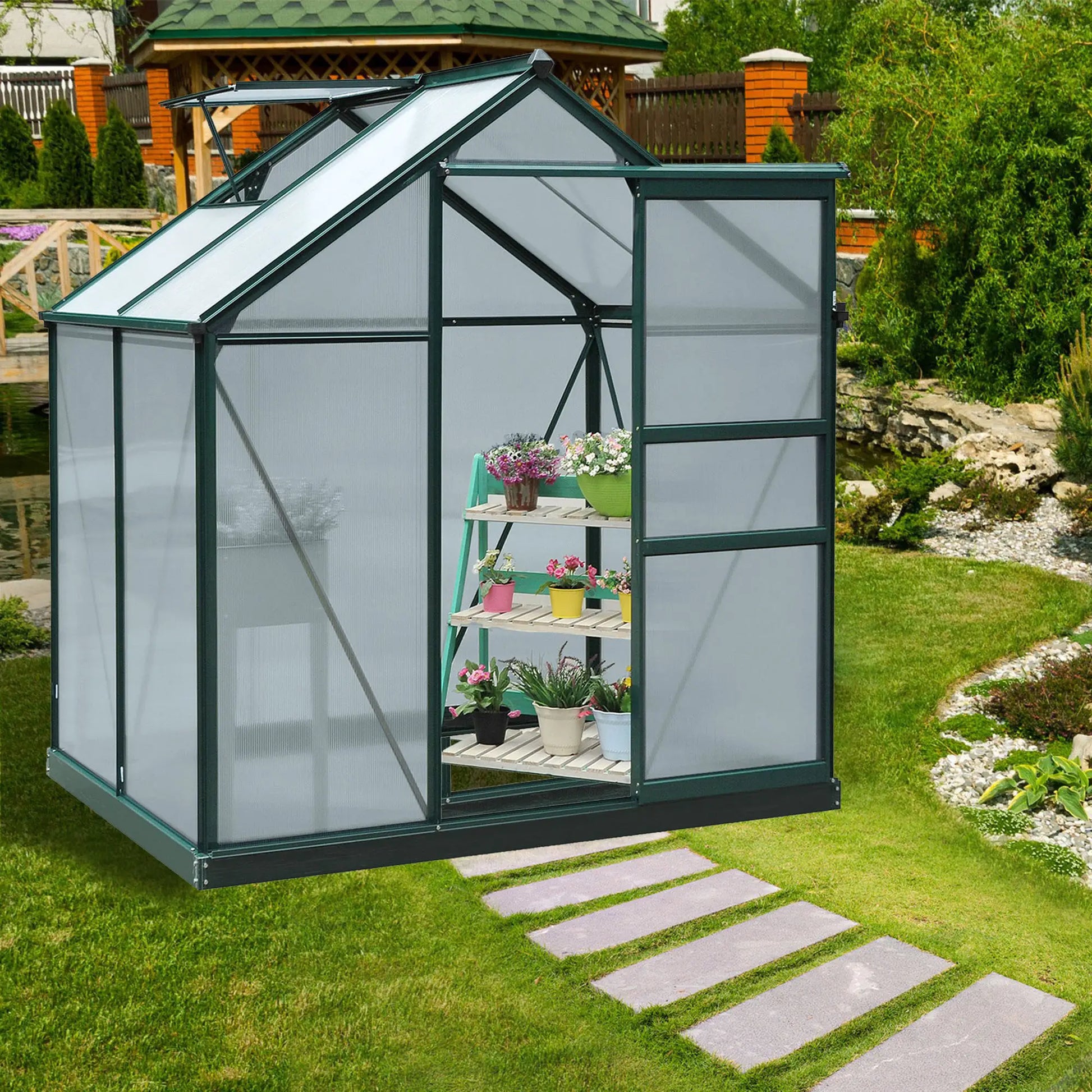 6.2' x 4.3' x 6.6' Polycarbonate Greenhouse, Walk-In, Galvanized Base, Aluminium Frame, Slide Door, Clear Walk In Greenhouses at Gallery Canada