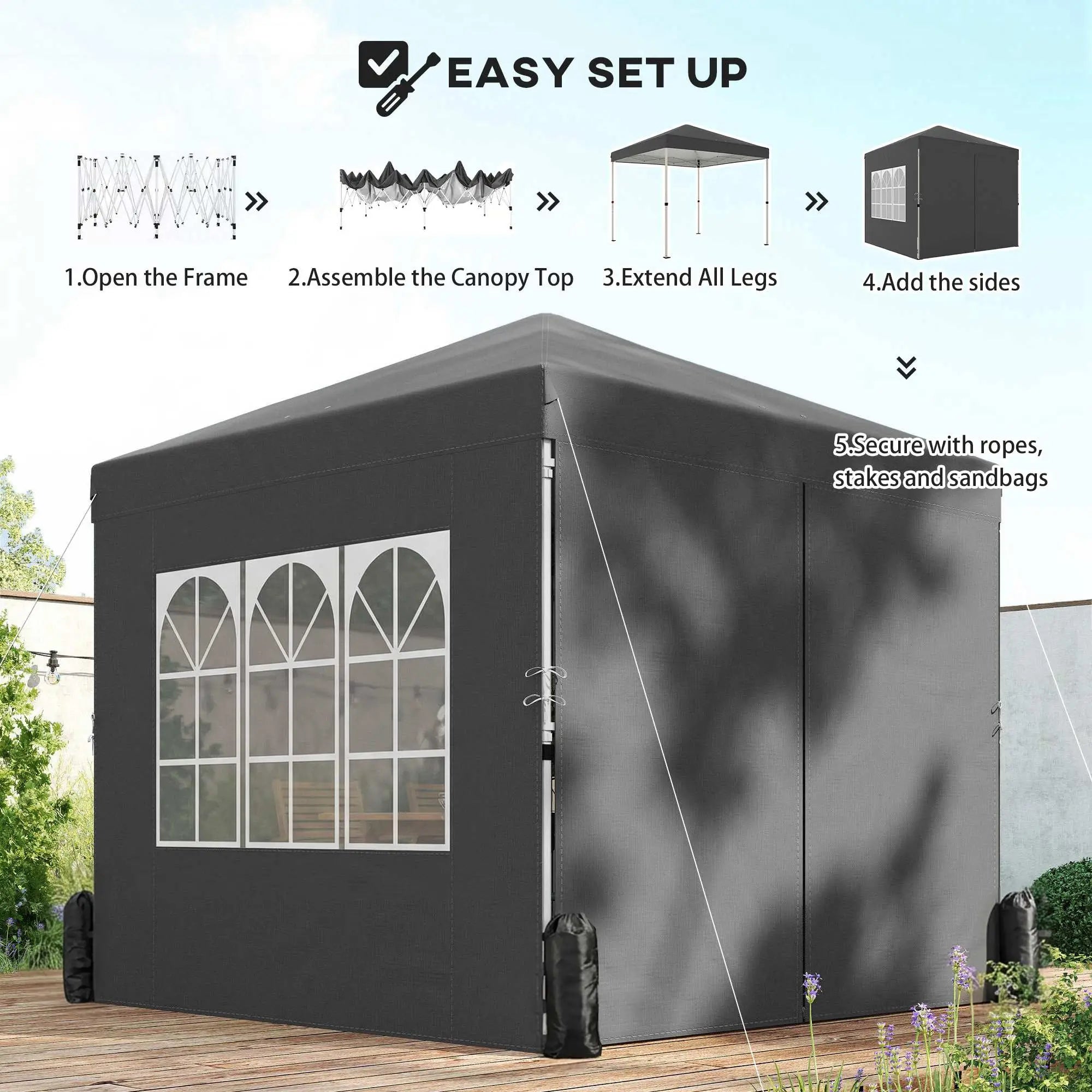 8.2 x 8.2 ft Pop Up Canopy Tent, 4 Sidewalls, UPF 50+, Sandbags, Dark Grey Pop Up Canopies at Gallery Canada
