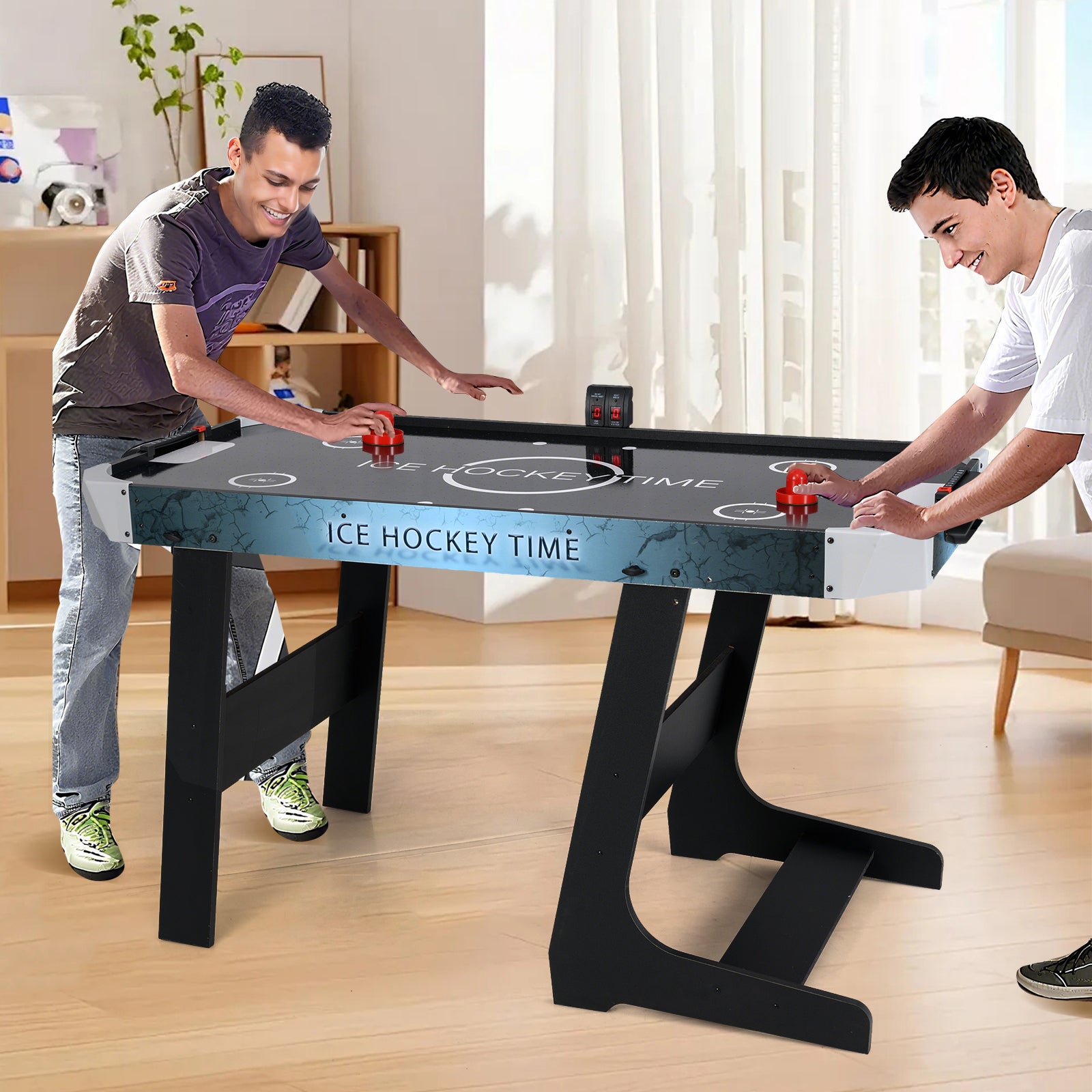 56 Inch Air Hockey Table with Powerful 12V Motor and LED Digital Scoreboard, Black Game Room at Gallery Canada