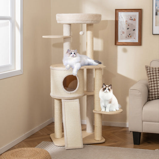 56 Inch Tall Cat Tree with 2 Sisal Scratching Posts and Ladder-NA, Natural