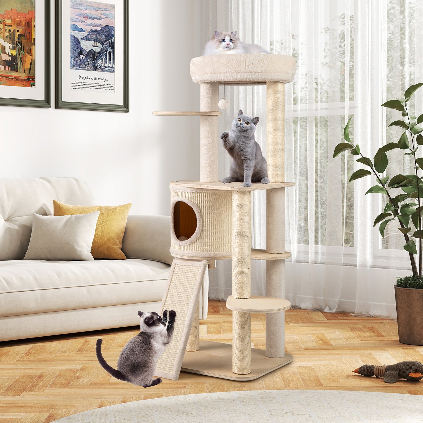 56 Inch Tall Cat Tree with 2 Sisal Scratching Posts and Ladder-NA, Natural