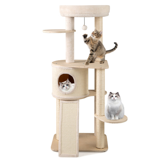 56 Inch Tall Cat Tree with 2 Sisal Scratching Posts and Ladder-NA, Natural