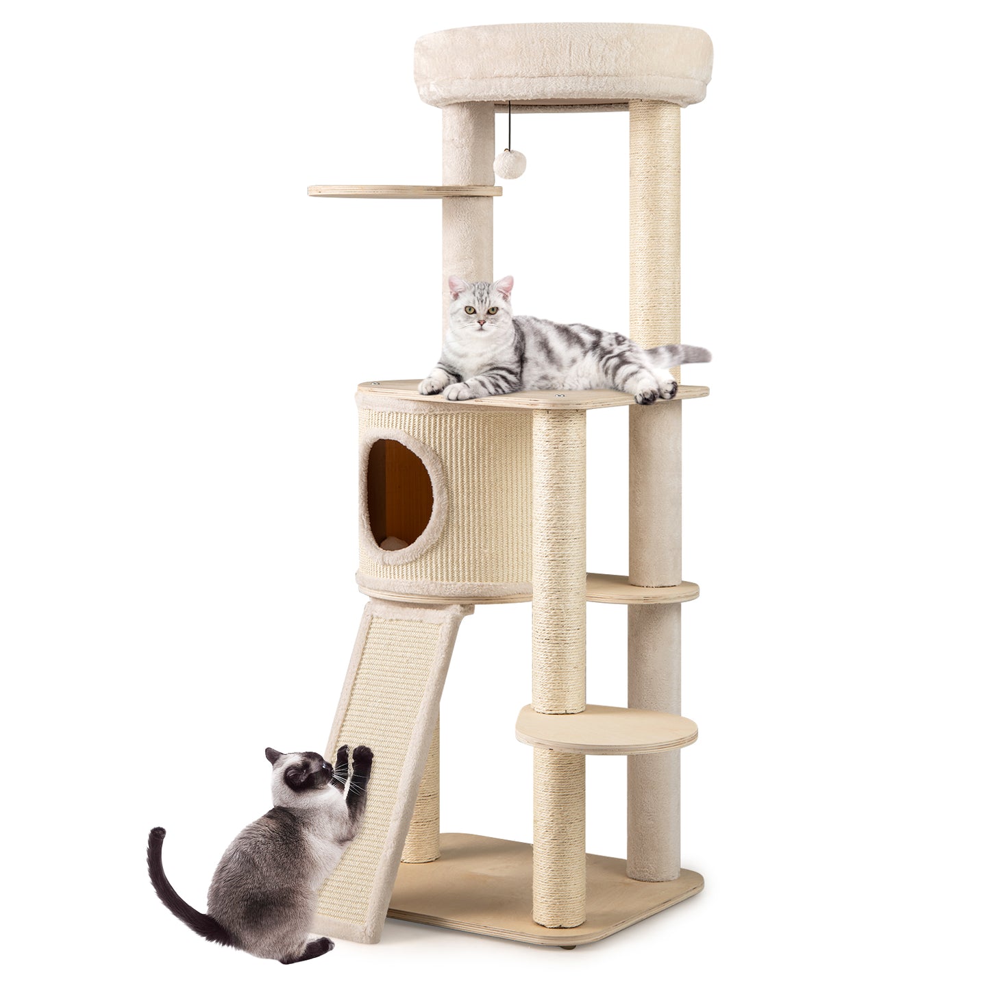 56 Inch Tall Cat Tree with 2 Sisal Scratching Posts and Ladder-NA, Natural