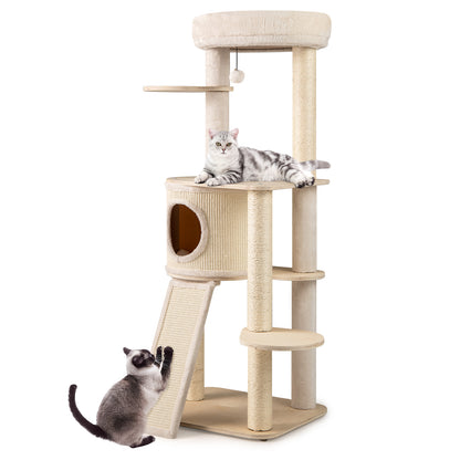56 Inch Tall Cat Tree with 2 Sisal Scratching Posts and Ladder-NA, Natural