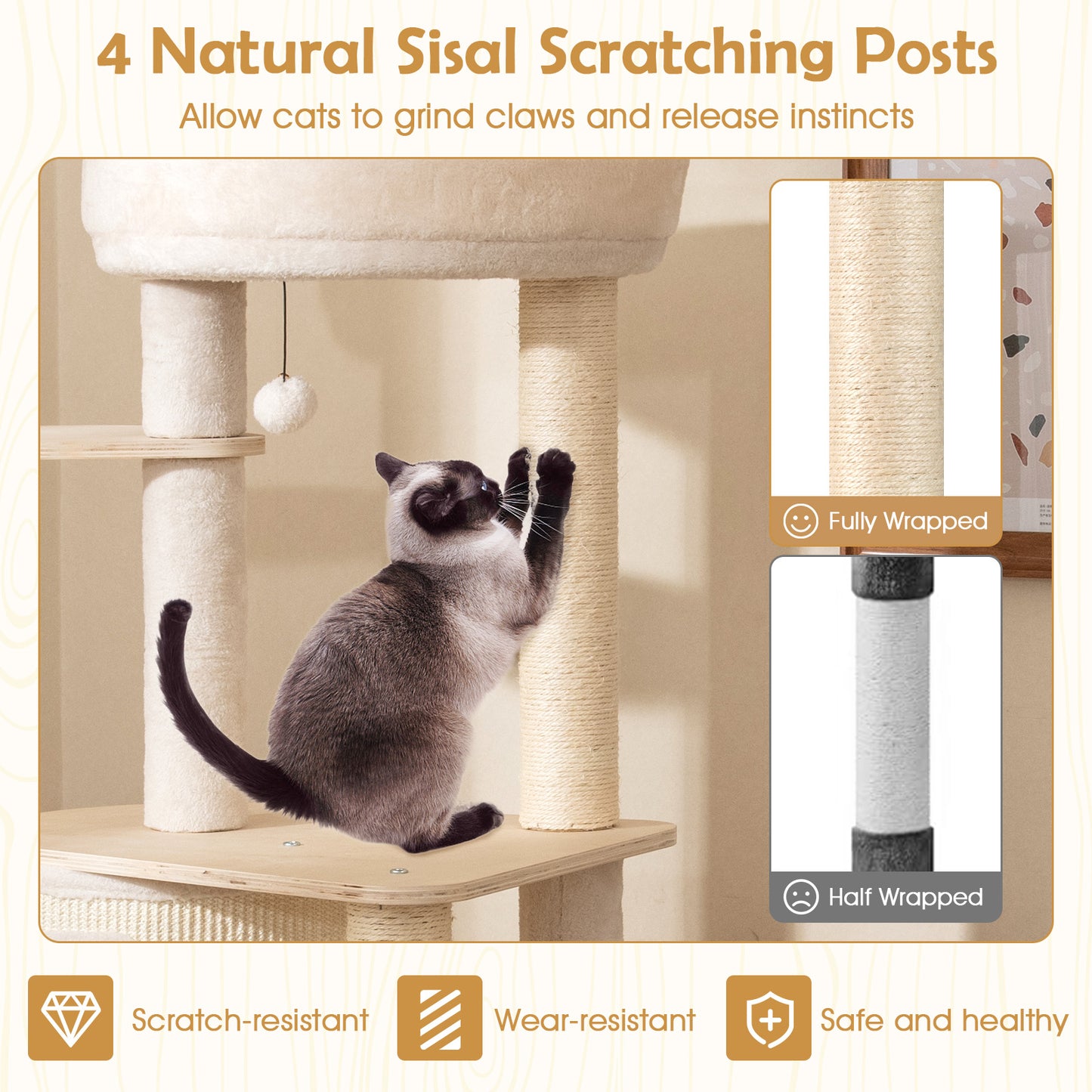 56 Inch Tall Cat Tree with 2 Sisal Scratching Posts and Ladder-NA, Natural