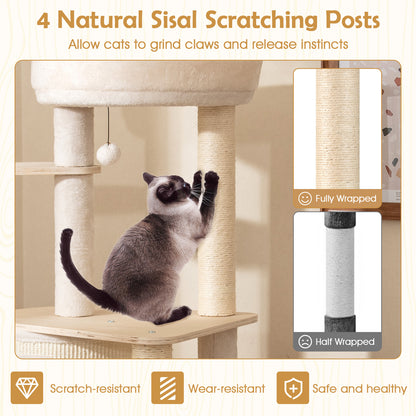 56 Inch Tall Cat Tree with 2 Sisal Scratching Posts and Ladder-NA, Natural