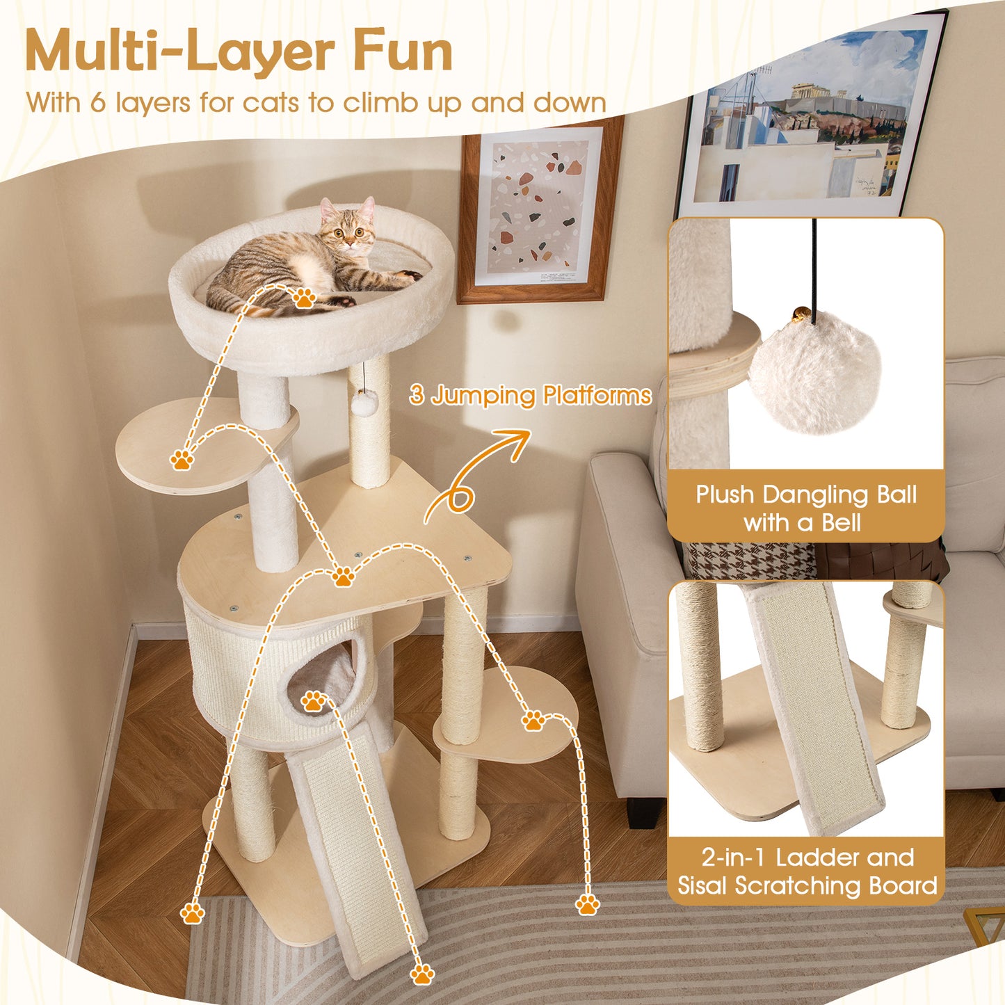 56 Inch Tall Cat Tree with 2 Sisal Scratching Posts and Ladder-NA, Natural