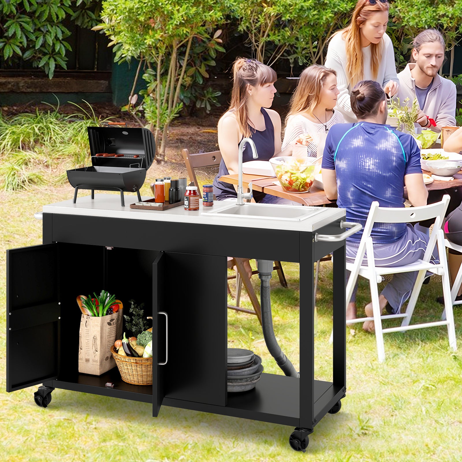 56 Inches Outdoor Grill Table with Sink and Stainless Steel Top, Black Camping Furniture at Gallery Canada
