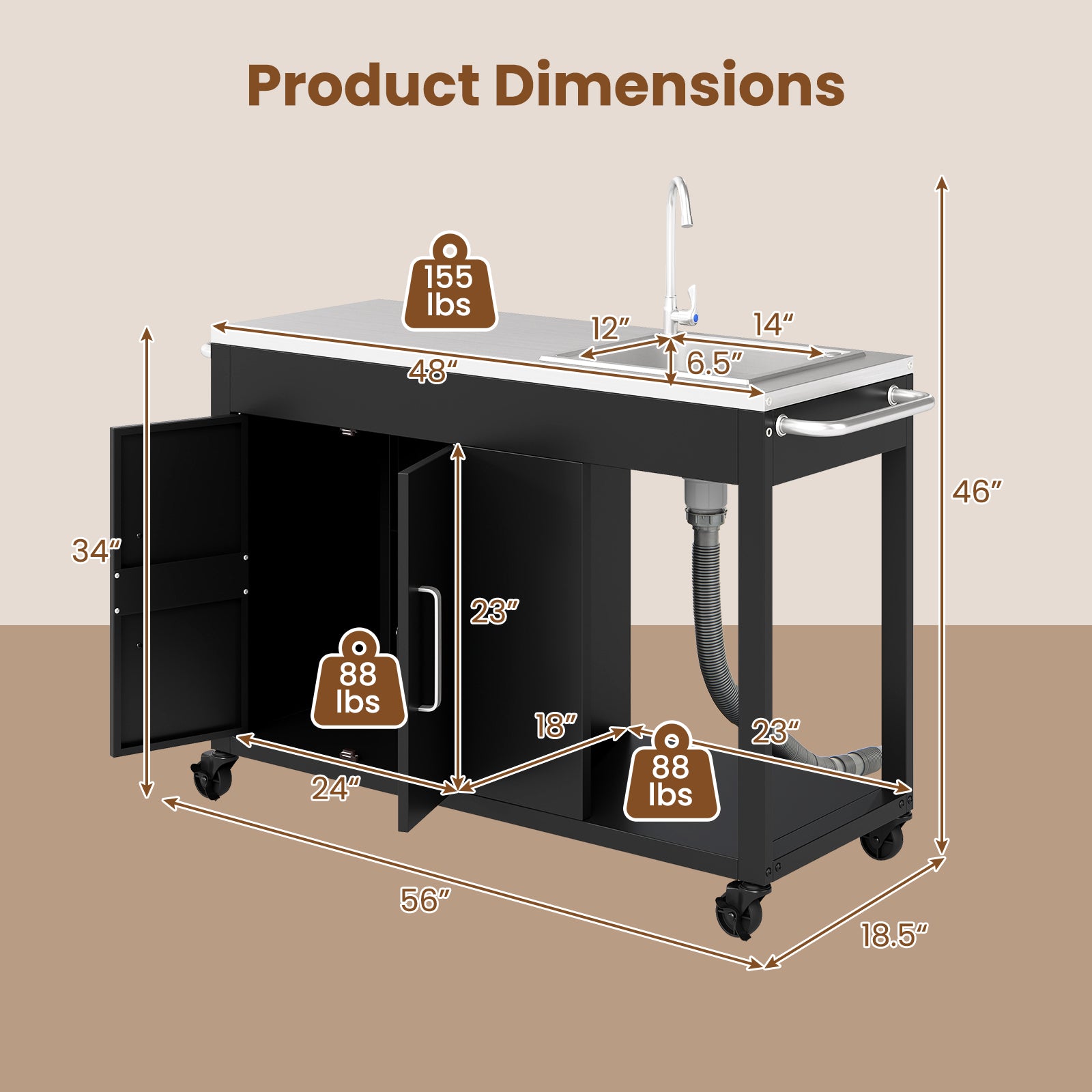 56 Inches Outdoor Grill Table with Sink and Stainless Steel Top, Black Camping Furniture at Gallery Canada