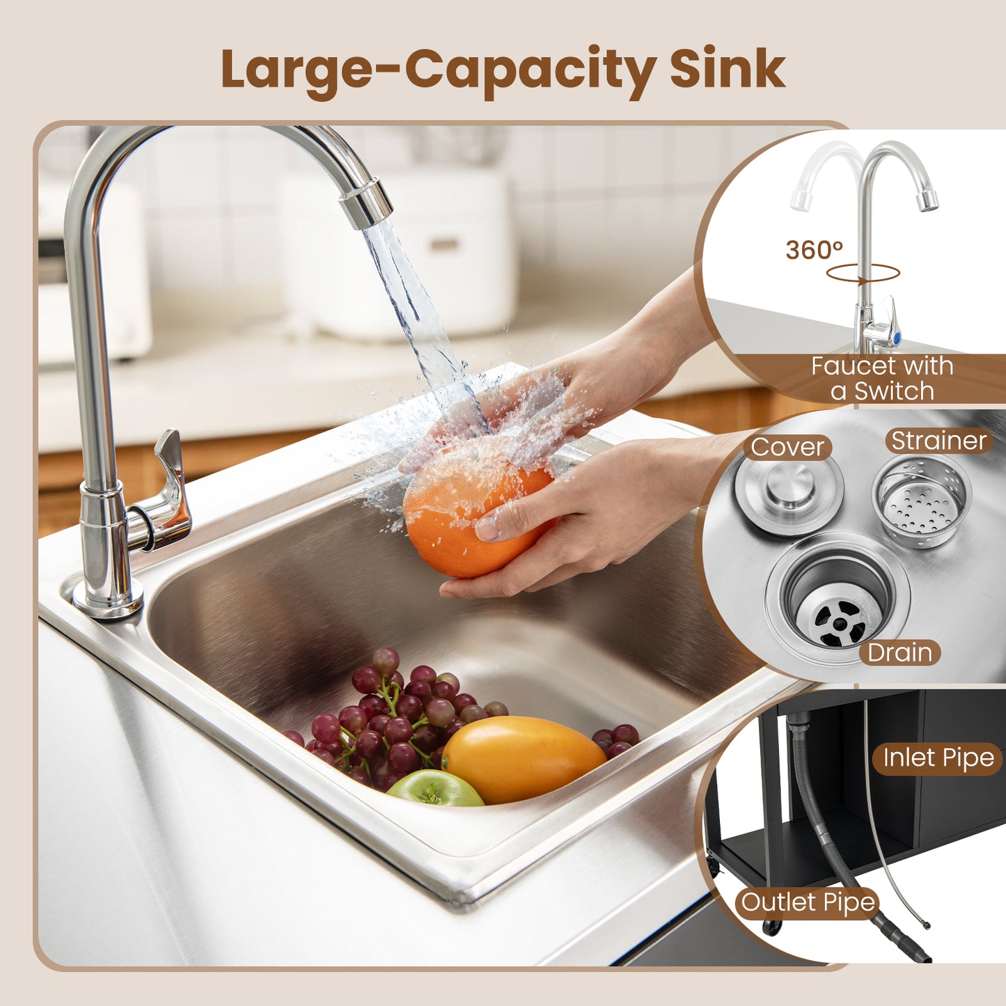 56 Inches Outdoor Grill Table with Sink and Stainless Steel Top, Black Camping Furniture at Gallery Canada