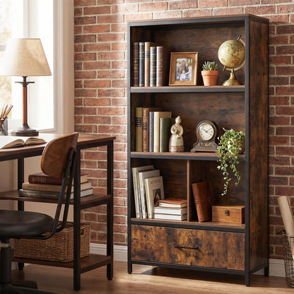 56" Tall Freestanding Bookcase with Drawer, 5 Tier, Rustic Brown Bookcases at Gallery Canada