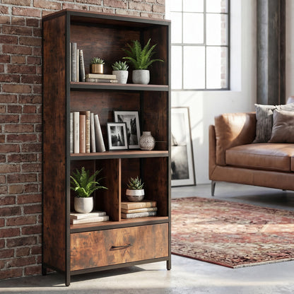 56" Tall Freestanding Bookcase with Drawer, 5 Tier, Rustic Brown Bookcases at Gallery Canada