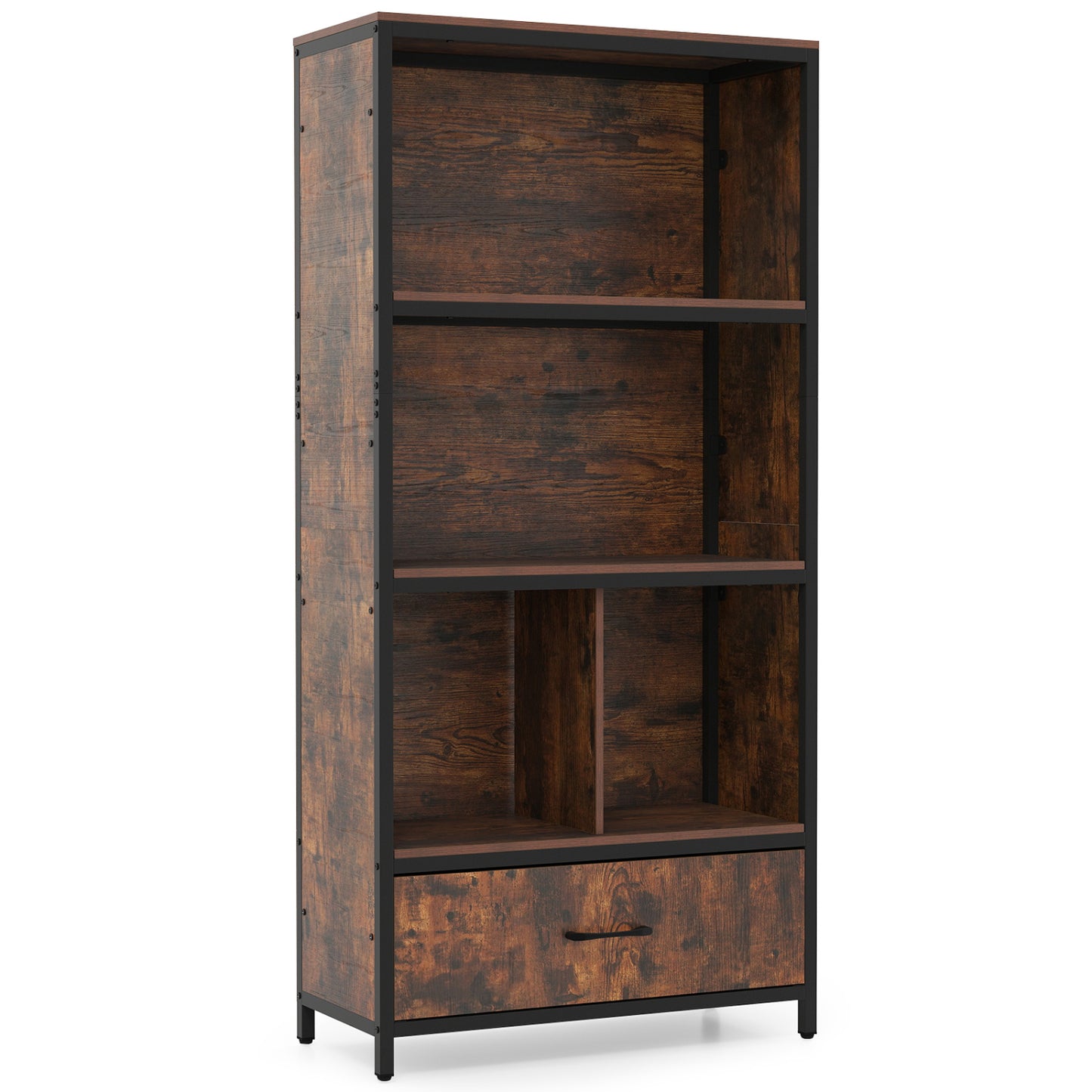 56" Tall Freestanding Bookcase with Drawer, 5 Tier, Rustic Brown Bookcases Rustic Brown at Gallery Canada