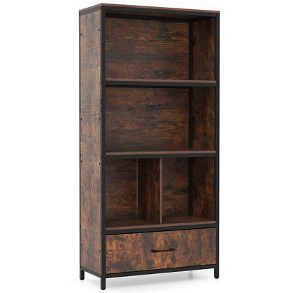 56" Tall Freestanding Bookcase with Drawer, 5 Tier, Rustic Brown Bookcases Rustic Brown at Gallery Canada