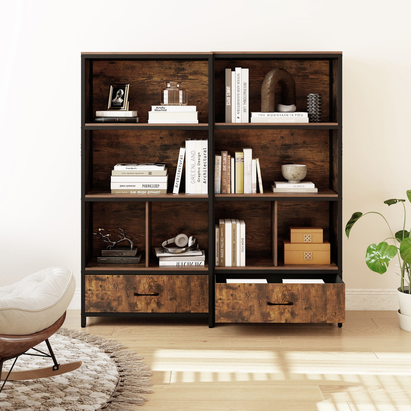 56" Tall Freestanding Bookcase with Drawer, 5 Tier, Rustic Brown Bookcases at Gallery Canada
