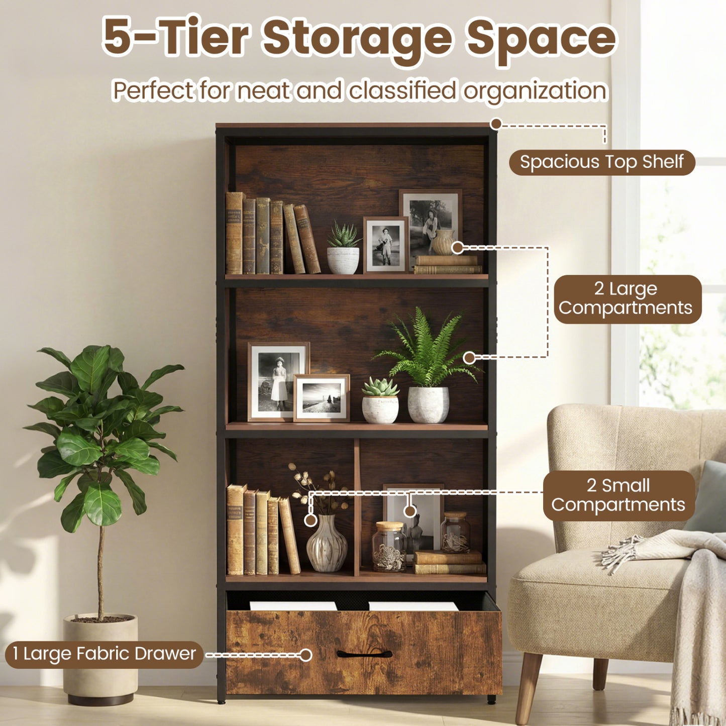 56" Tall Freestanding Bookcase with Drawer, 5 Tier, Rustic Brown Bookcases at Gallery Canada