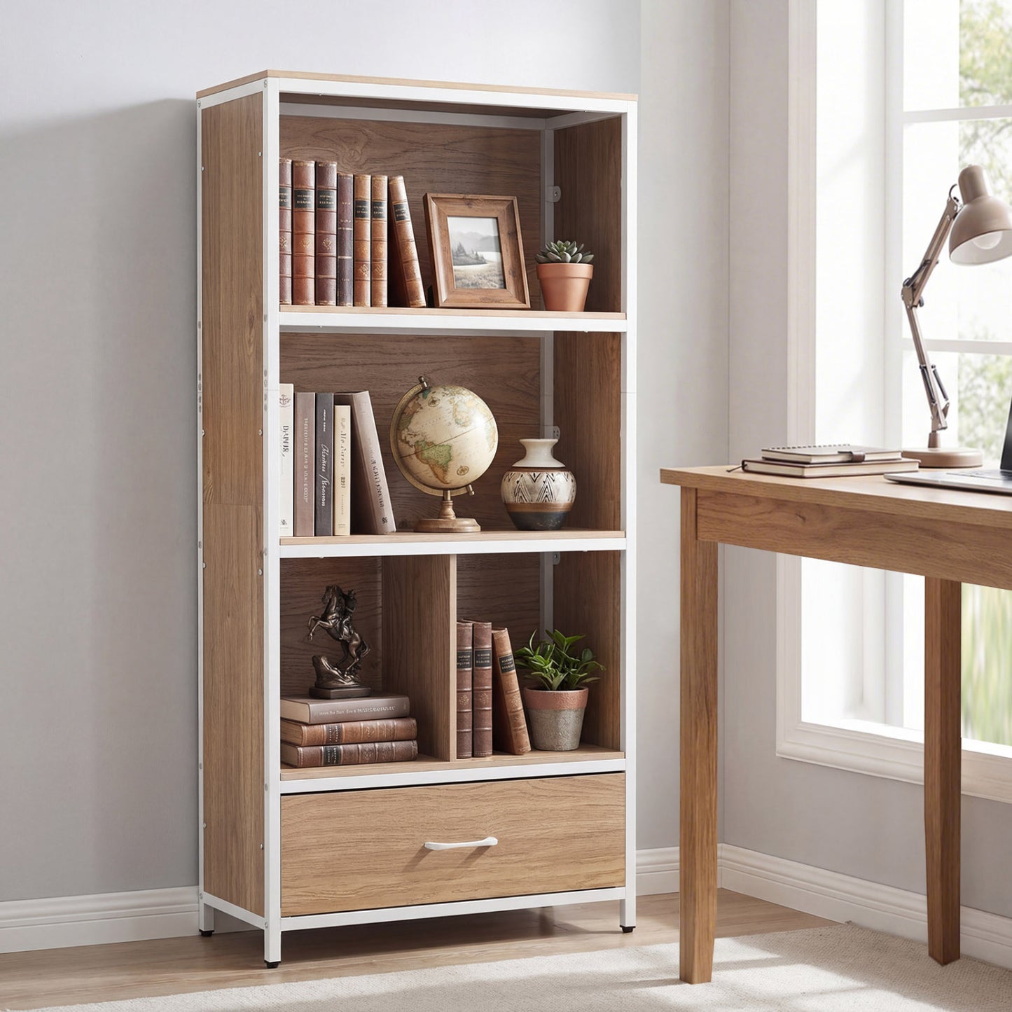 56" Freestanding Bookcase, 5 Tier, With Drawer, Natural Bookcases at Gallery Canada