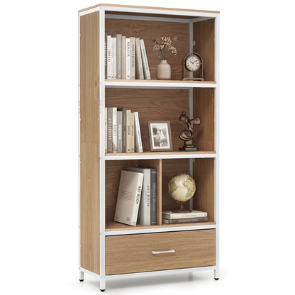 56" Freestanding Bookcase, 5 Tier, With Drawer, Natural Bookcases at Gallery Canada