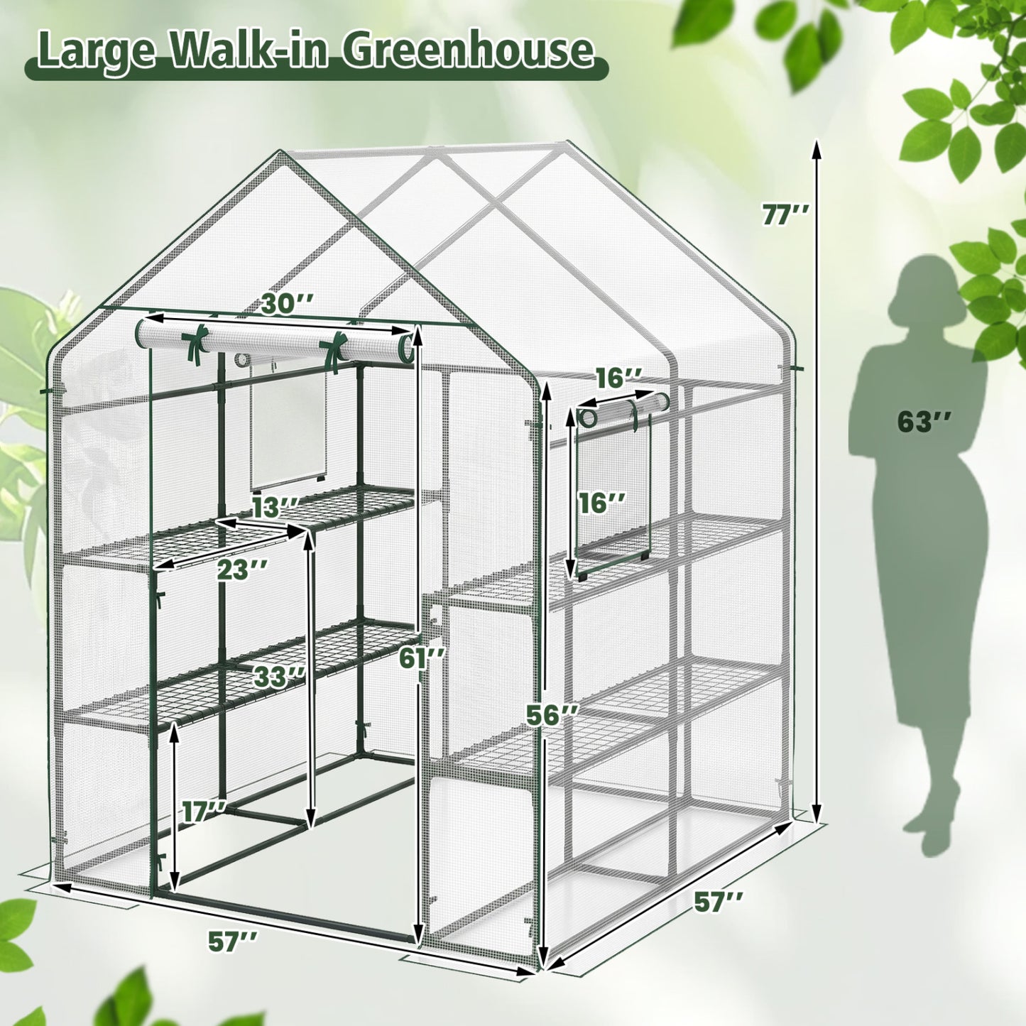 56 X 56 X 77 In Walk-In Greenhouse With Observation Windows, White