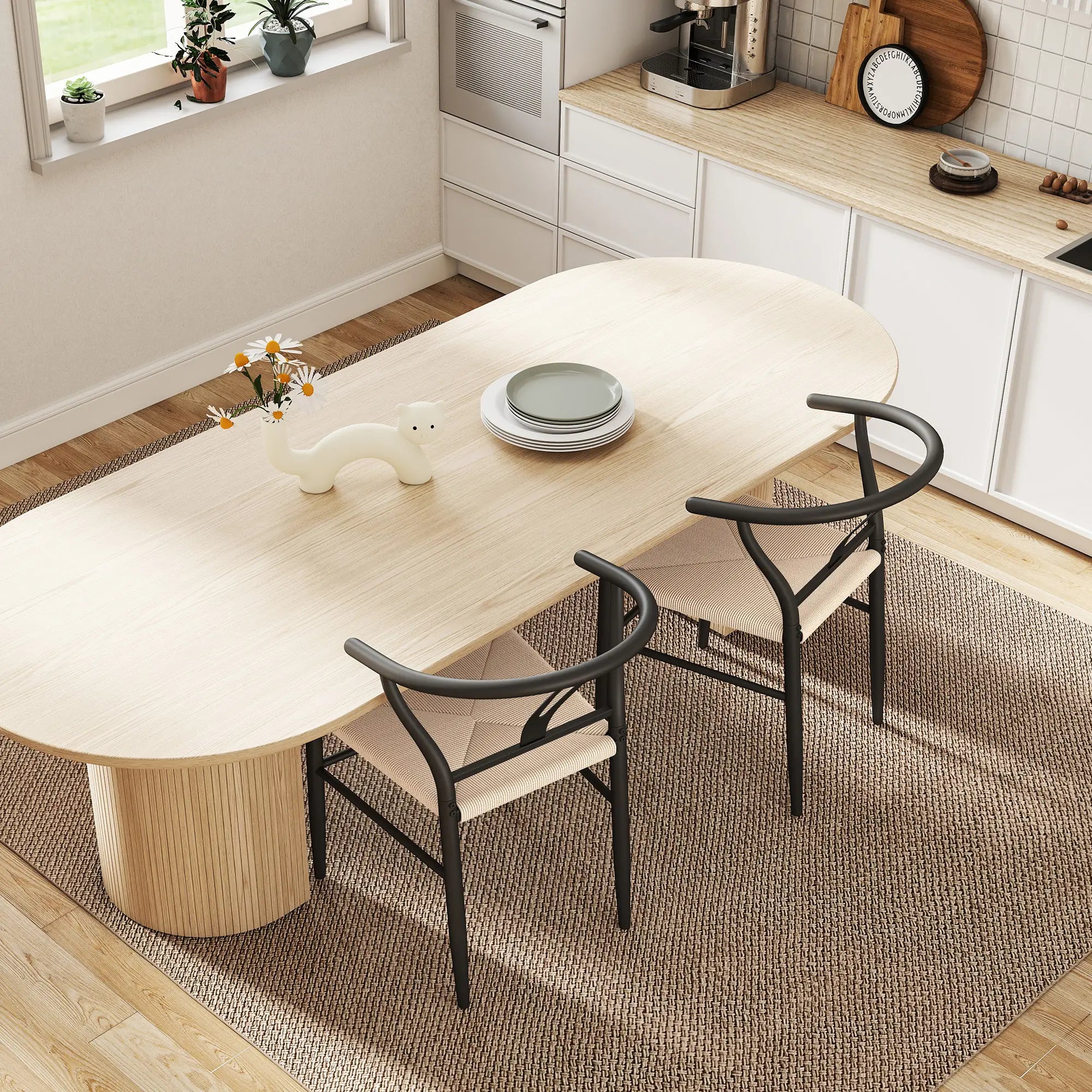 Set of 2 Weave Dining Chairs, Mid-Century Modern, Y-Shaped Backrest, Hemp Seat, Black Dining Chairs at Gallery Canada