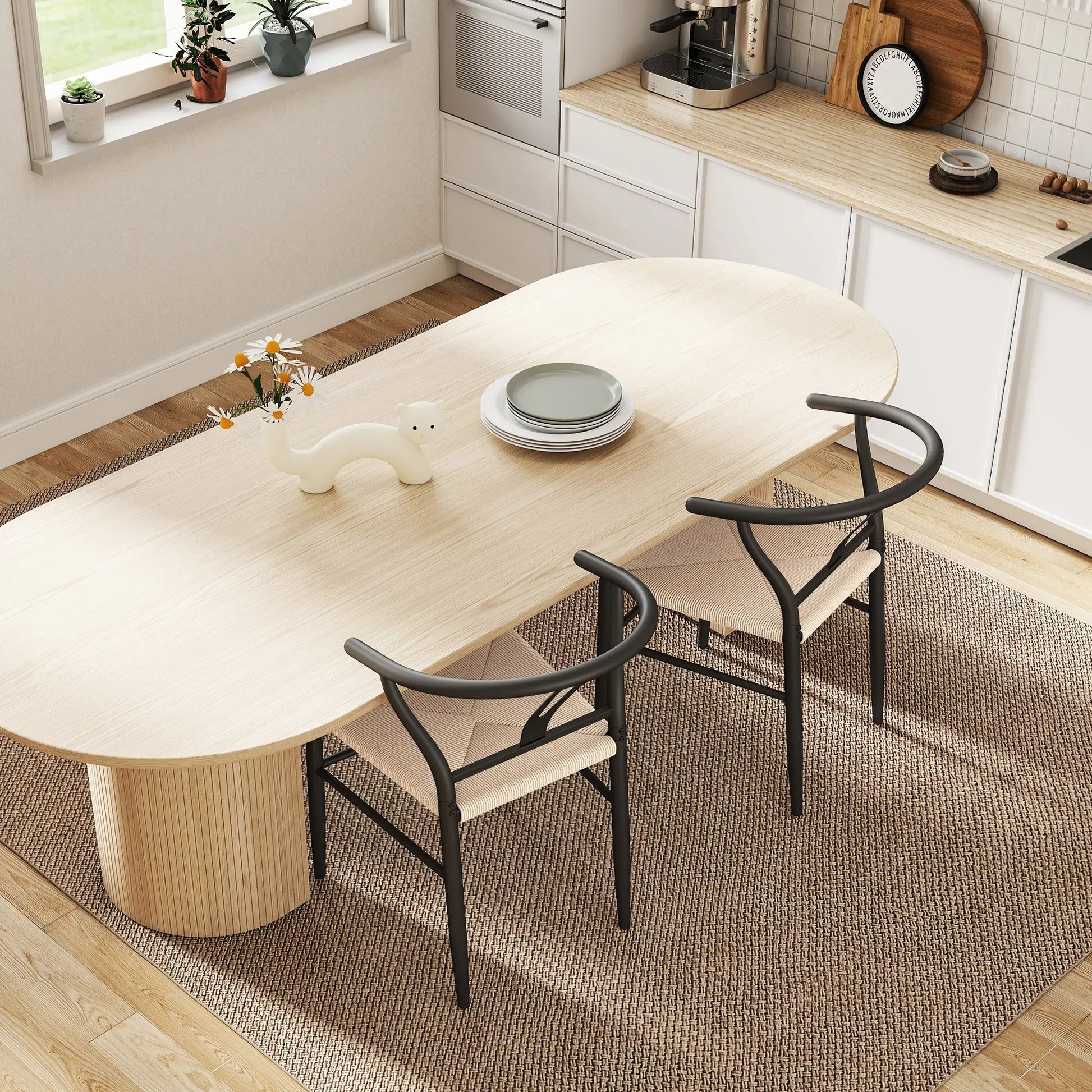 Set of 2 Weave Dining Chairs, Mid-Century Modern, Y-Shaped Backrest, Hemp Seat, Black Dining Chairs at Gallery Canada