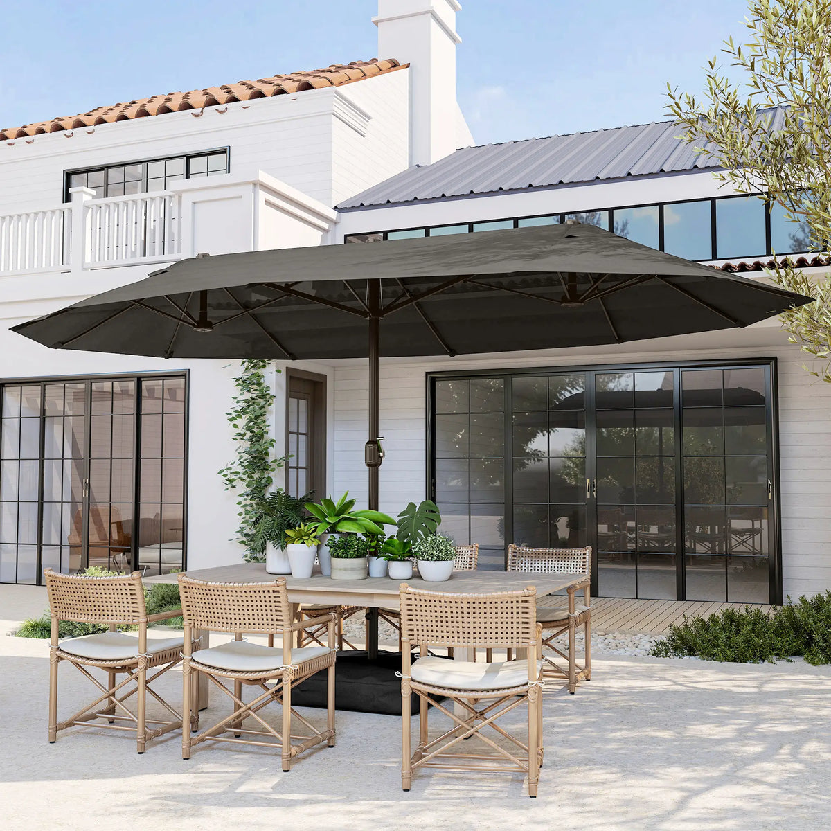 15' Outdoor Patio Umbrella, Twin Canopy Sunshade, Steel Table, Lift Crank, Dark Grey Sun Umbrellas at Gallery Canada