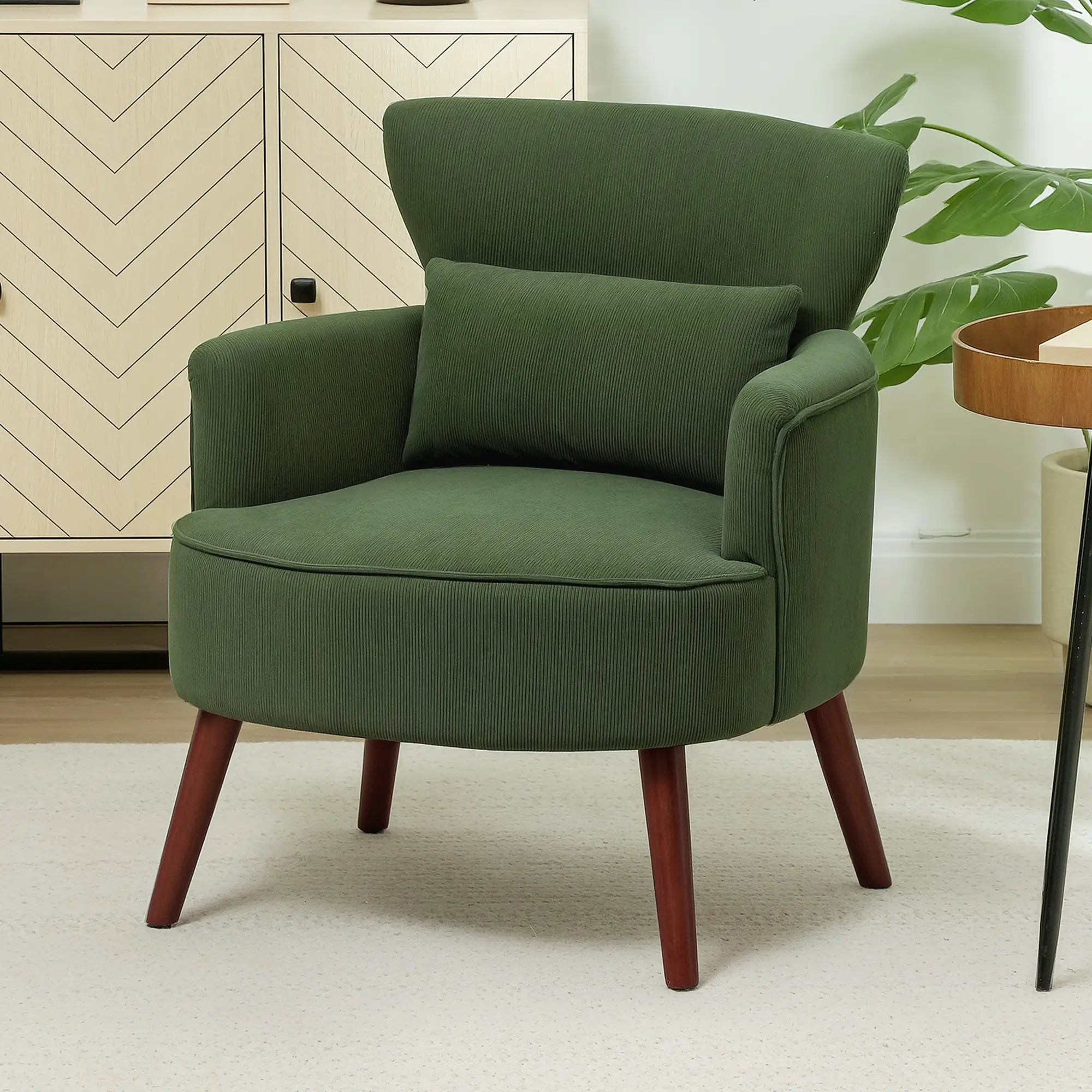 Modern Accent Chair, Upholstered Armchair, Solid Wood Legs, Lumbar Pillow, Green Accent Chairs at Gallery Canada